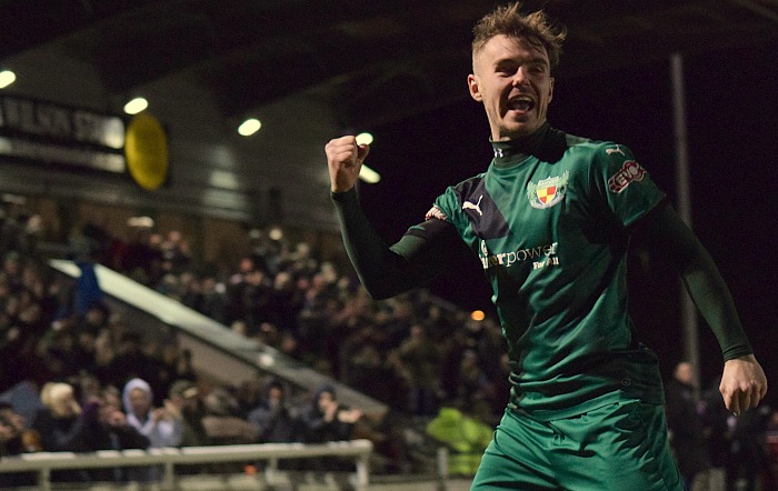 John Johnston celebrates scoring the second goal for Nantwich Town v leaders Blyth