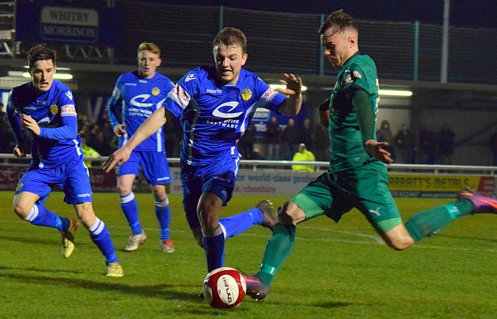 John Johnston shoots for goal as Nantwich reach Cheshire Senior Cup final