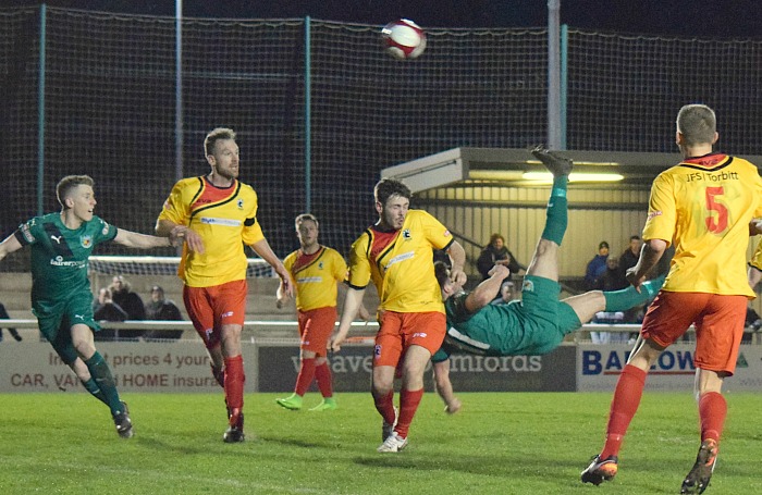 Josh Hancock scores the first goal for Nantwich with a spectacular overhead kick v leaders Blyth