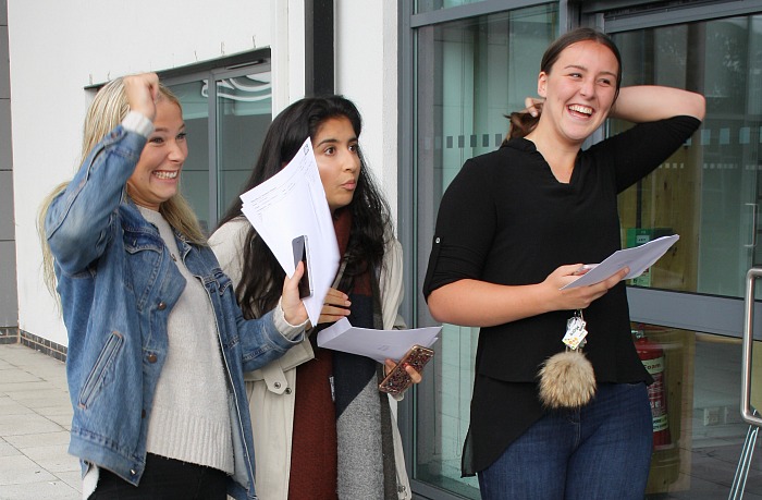 Katy Preston, Miriam Karim and Kiera McKenna all show their delight with their results - after the long wait