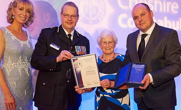 Left to right presenter Emma Jesson Chief Constable Simon Byrne Betty Chesters and Police and Crime Commissioner David Keane