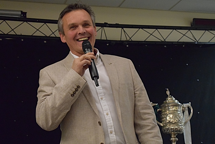 Manager Dave Cooke addresses the audience alongside the Cheshire Senior Cup (1)