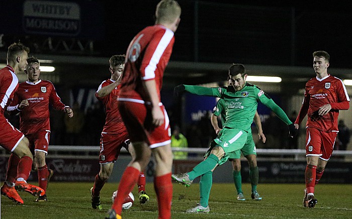 Matt Bell finds a gap in the Crewe Alex defence to score the winning goal in the 115th minute and put Nantwich Town into the semi finals