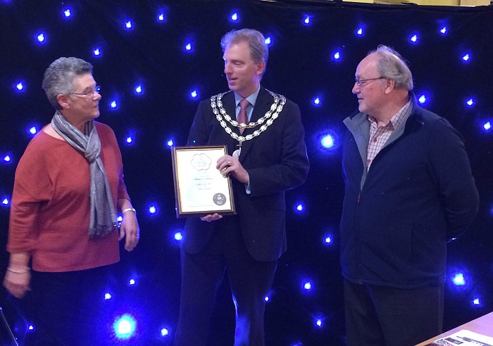 Gold award - Mayor Cllr Andrew Martin presents In Bloom certificate to Nantwich in Bloom organisers Sue Hughes and Mark Betteley