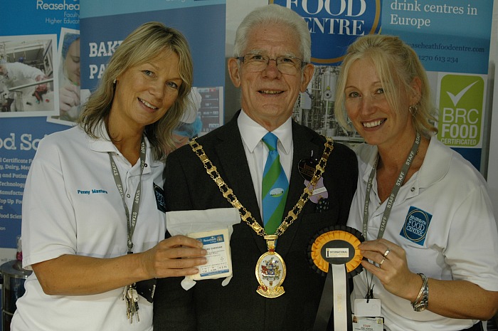 Mayor of Cheshire East Council Councillor Arthur Moran with staff from Reaseheath Colleges Food Centre