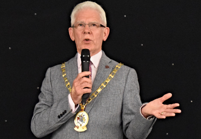 Mayor of Cheshire East Councillor Arthur Moran and Dabbers fans speaks to the audience