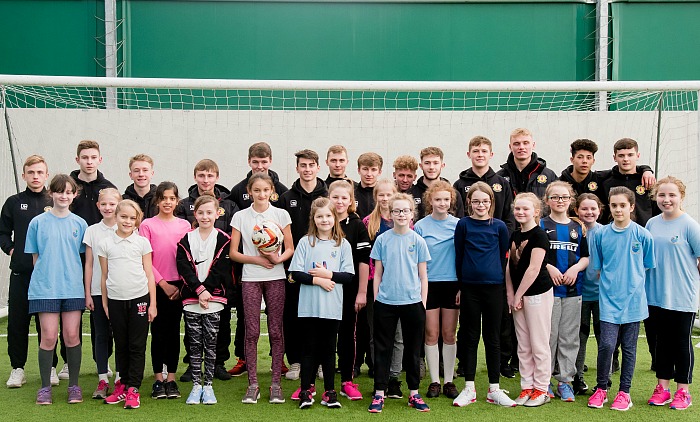 Millfields Primary School pupils with Crewe Alex apprentices