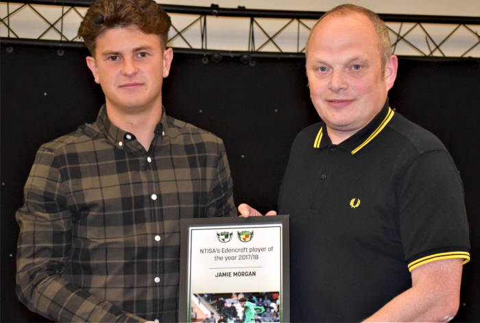 NTISA's Edencroft player of the year 2017-18 - Jamie Morgan - left - receives award from Rob Woods