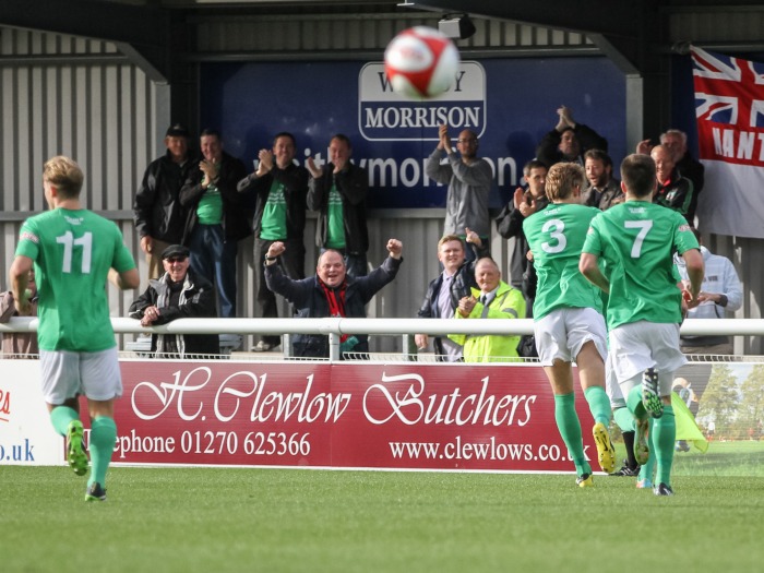 Nantwich Town celebrate Max Harrop's free-kick against Ashton United