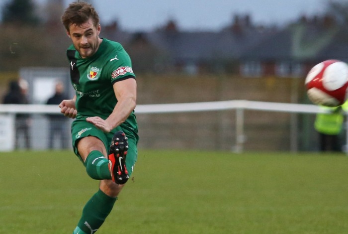 hat-trick at Marine - Nantwich Town goalscorer Josh Hancock v Bradford Park Avenue