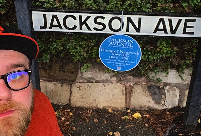 Nantwich Town press officer Sam mcgarrigle and blue plaque