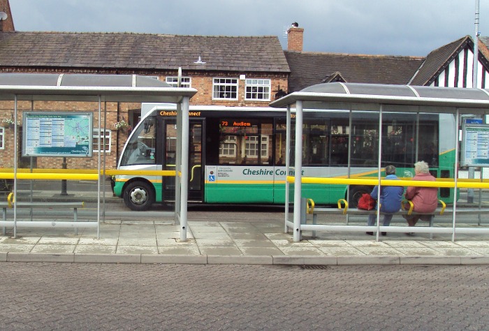 bus timetable services Nantwich bus station, where glass shelter was destroyed - pic under creative commons by Rept0n1x