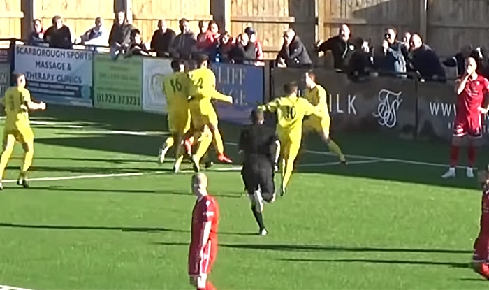 Nantwich celebrate Danny Glover winning goal v Scarborough