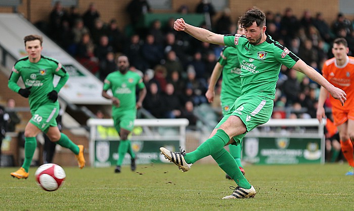 Nantwich goal against Farsley - Harry Clayton slides the ball into goal