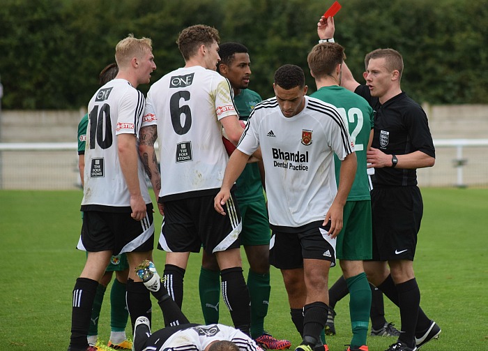 Nantwich sub Josh Hancock is sent off for a two-footed lunge in 88th minute against Stourbridge