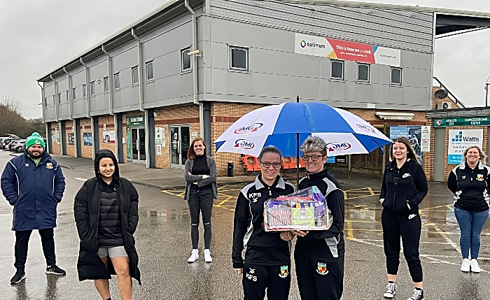 hampers - Organisers Dani Fisher-Sherratt and Kirsty Fisher-Sherratt with a hamper and other team members at the Weaver Stadium (1)