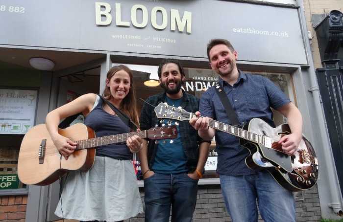 Outside Bloom l-r singer Hannah White - Keiron Marshall - Tim Lee