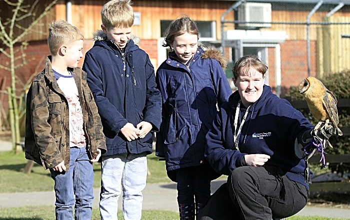 Owen and Henry Metcalfe, Emma Savage, Kira Grimshaw with Hilda barn owl (1)