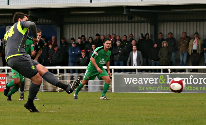 Paul Williams scores from the penalty spot for Witton (3-2)