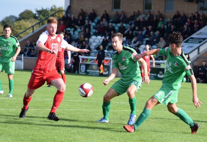 Players eye the ball - Nantwich v Ashton United