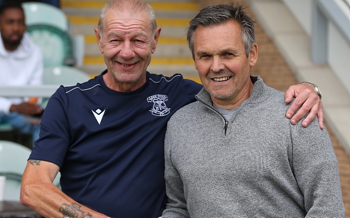 Pre-match - l-r - Leek Town Manager Neil Baker shakes hands with Nantwich Town Manager Dave Cooke (1)