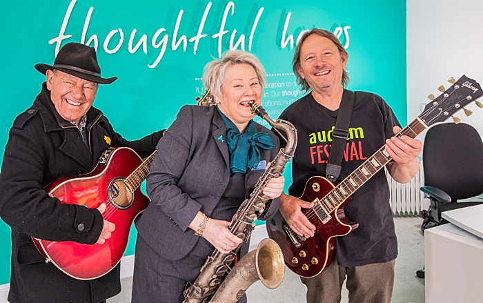 Music & Arts Festival - Ralph Warburton (l) and Pete Marshall (r) with Anwyl Homes' sales advisor Janet Smith (1)