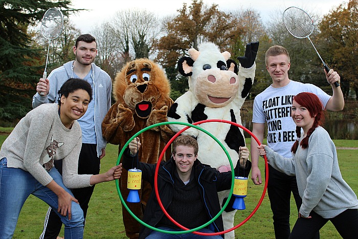 children in need Students Rebecca Derby, Will Foulkes, Pride the Lion (Sam Hearsey), Daisy the cow (Mali Ratcliffe), Tom Ratcliffe, Charlotte Corcoran and Dan Lee