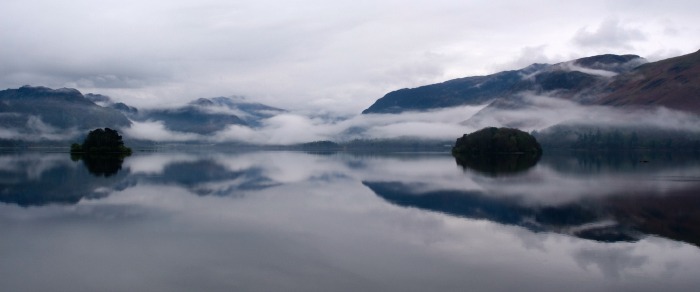 Early morning mist and relections on Derwent Water islands