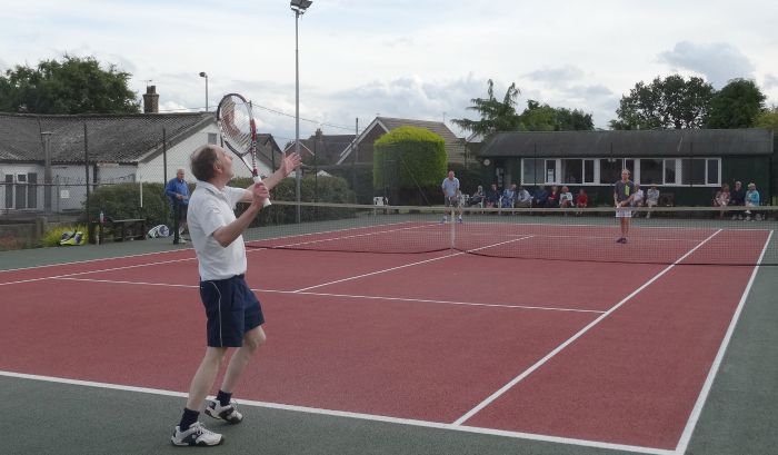 Robert Sheffield serves to Tony Mason in the Open Doubles Cup Final, Wistaston Jubilee Tennis CLub