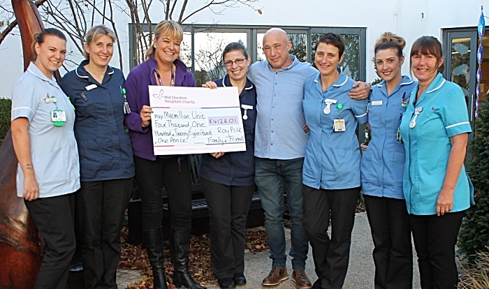 Roy Price presents cheque to Carole Salmon - Community Fundraiser - Mid Cheshire Hospitals Charity and the Macmillan Chemotherapy unit team