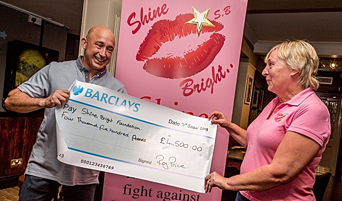 Roy Price presents cheque to Jacky Atkinson from Shine Bright Foundation (1)