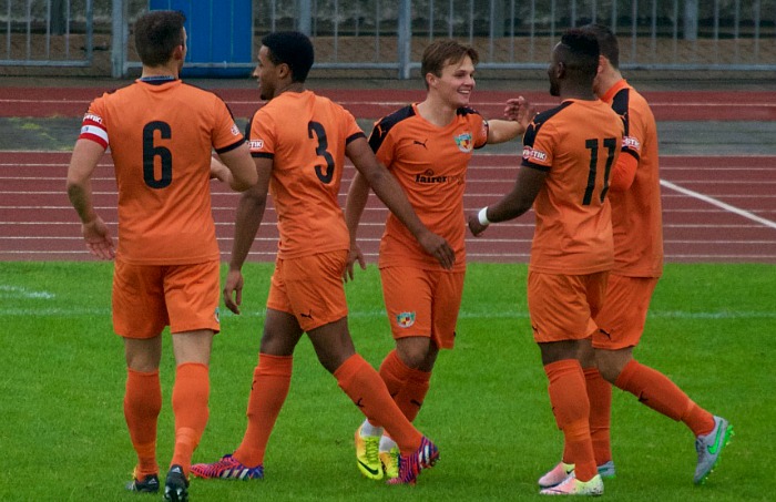 sean-cooke-scores a hat-trick and-team-mates-celebrate-goal-against-grantham