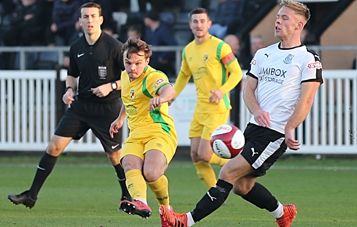 Sean Cooke shot at goal was saved by Bamber Bridge keeper Lloyd Rigby (1)