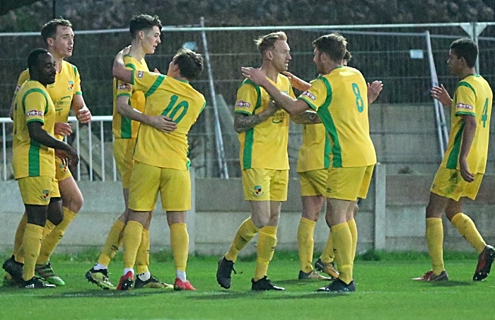 Second Nantwich Town goal - Joe Mwasile celebrates with Dabbers players (1)