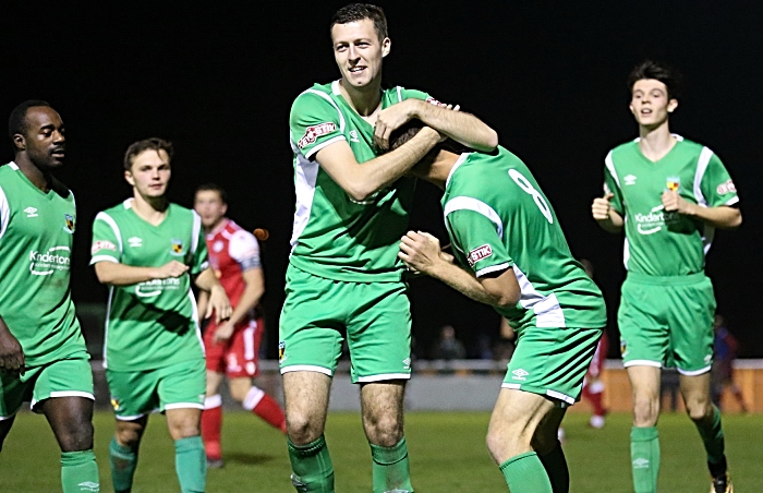 Second Nantwich goal - Craig Lindfield celebrates with James Lawrie (1)