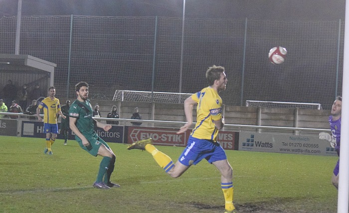 Second Nantwich goal - Matt Bell - Curtis Jones watches the ball into the net