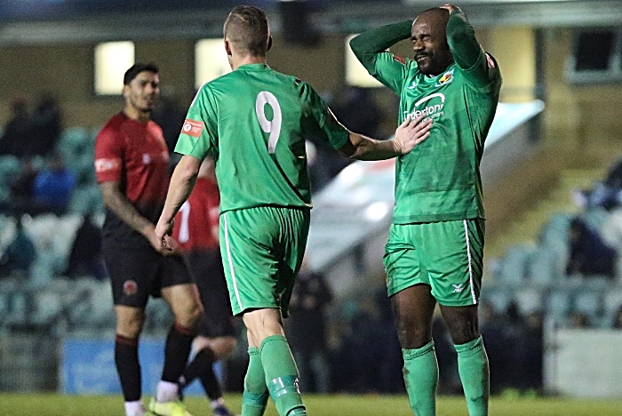 Second-half v Mickleover - Joe Mwasile is consoled by Scott McGowan after his shot is wide of the target (1)