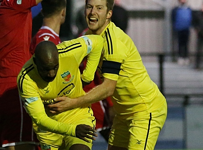 Second-half - Nantwich goal - Joe Mwasile celebrates his goal with James Lawrie v Scarborough