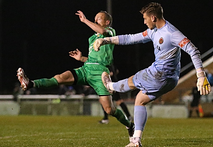 Second-half - Scott McGowan challenges Mickleover keeper Callum Hawkins for the ball (1)