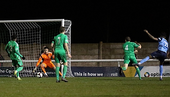 Second-half - South Shields goal - Bali Mumba fires low across Dabbers keeper Cameron Gregory (1)