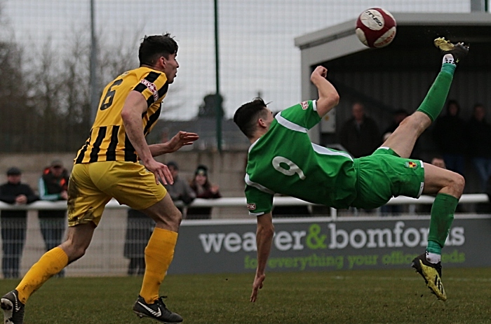 Second-half - a spectacular bicycle kick from Joe Malkin is saved by Scarborough keeper Tommy Taylor (1)