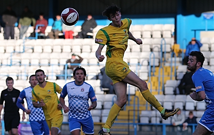 Second-half action - Joe Malkin heads the ball (1)