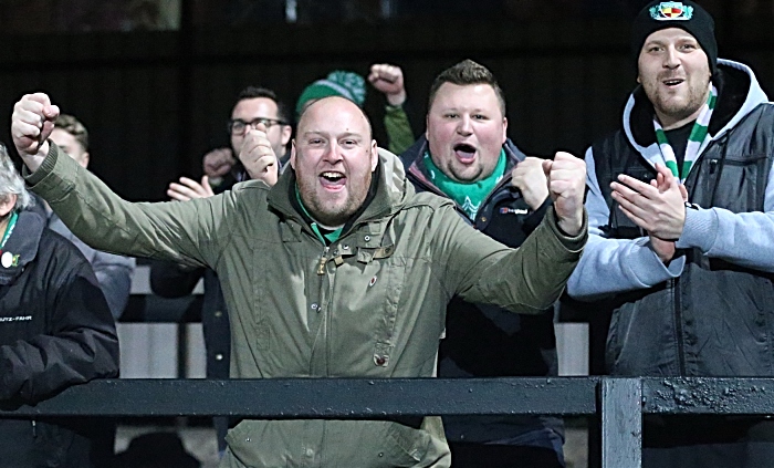 Second-half - fourth Nantwich Town goal - Toby Mullarkey - Dabbers fans celebrate (1)