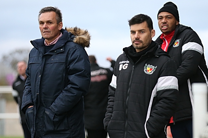 Second-half - l-r - Manager Dave Cooke - Assistant Manager Danny Griggs and Clayton McDonald watch the action