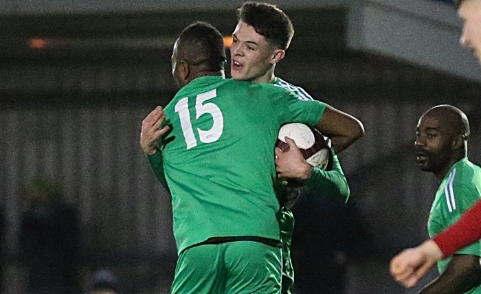 Second-half - second Nantwich Town goal - Joe Malkin celebrates his goal with Ricardo Fuller (1)