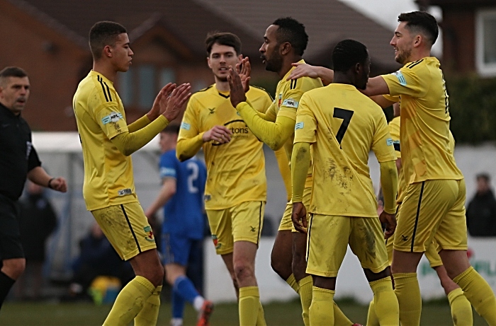 Second-half - second Nantwich goal - Ricardo Fuller celebrates his goal with teammates (1)