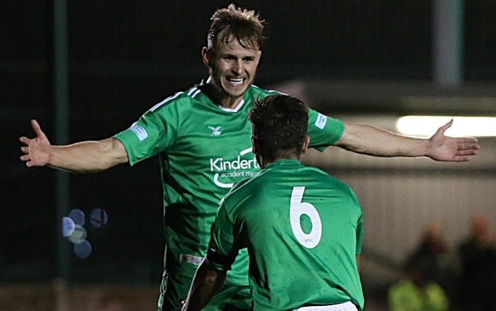 Second-half - third Nantwich Town goal - Caspar Hughes celebrates his goal with David Webb who supplied the cross (1)