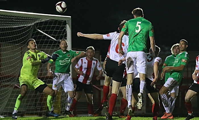 Second-half - third Nantwich goal - Ben Harrison gets up highest to meet a Caspar Hughes corner as he heads home (1)