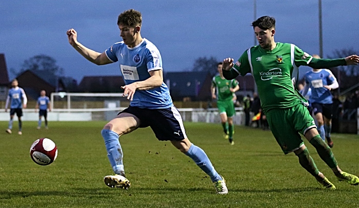 South Shields look to control the ball under pressure from Callum Saunders (1)