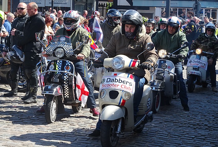 Sandbach Transport Festival - St Lukes Cheshire Hospice Charity Ride – Dabbers Scooter Club arrive on High Street